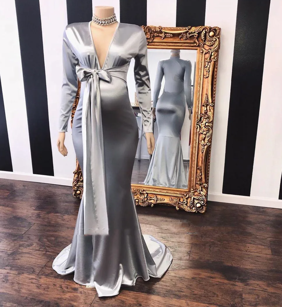 Silver Deep V-Neck Long Sleeve Mermaid Evening Dresses Ruched Bow Tie Sweep Train Formal Party Prom Gown Robe Soire Femme