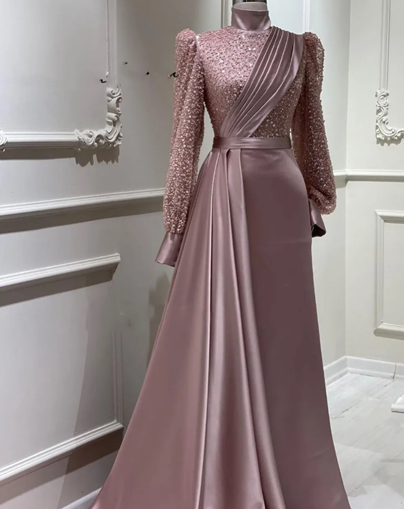 Muslim Evening Dresses Beaded Puffy Long Sleeves Turkey Dubai Dinner ...