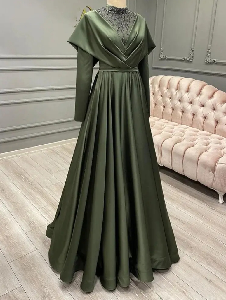 2024 Elegant Muslim Evening Dress Long Sleeves High Neck Beading ...