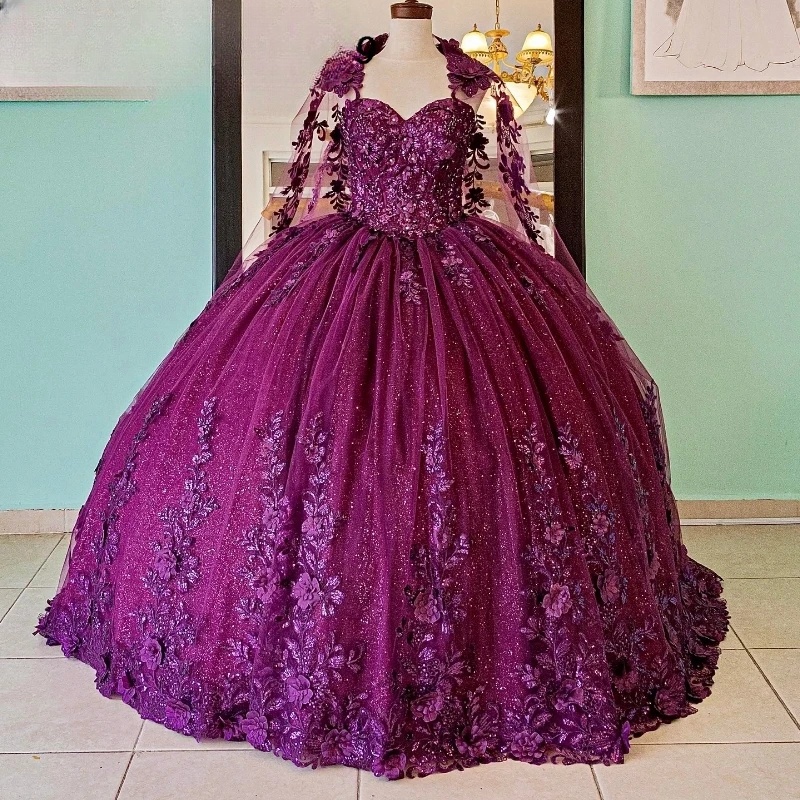 Purple Quinceanera Dress Ball Gown Shiny Floral Applique Beaded With ...