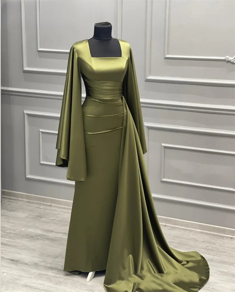 Green Arabic Long Sleeve Square Neck Prom Dress Muslim Evening Dress Party Elegant Luxury Formal Dresses Mermaid Vestidos de Fiesta