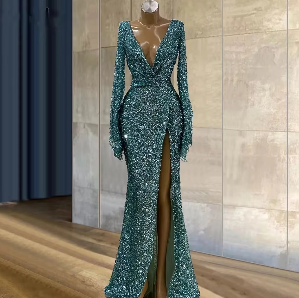 Sparkly Green Sequin Beaded Evening Dress Sexy Prom Dress Y8578