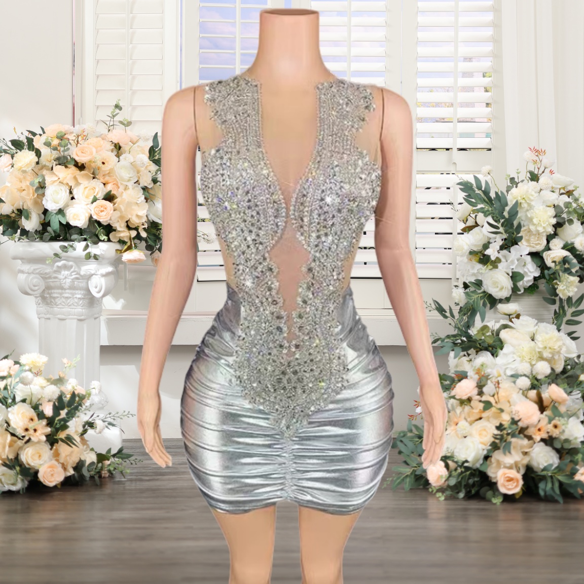 silver formal dresses short LaDivine CY022 Short A Line Cocktail Glitter Dress main image 1