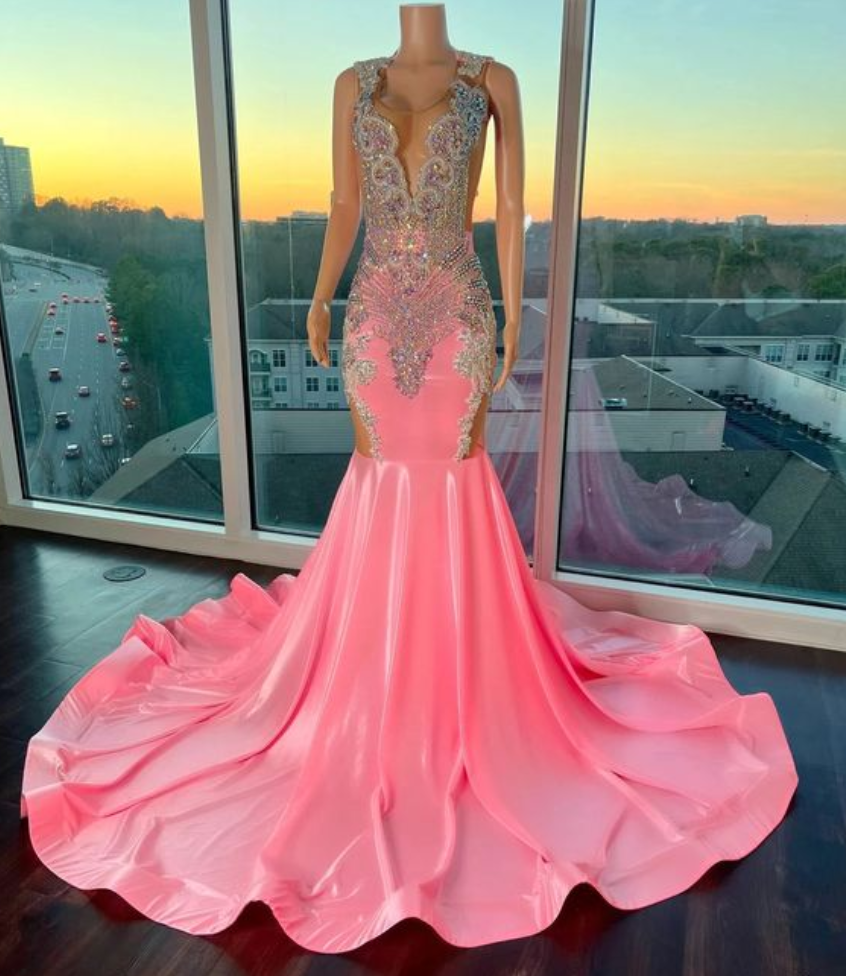 knee length dresses for ladies Luxury Pink Sequined Mermaid Crystal Prom Dress Rm061 main image 1