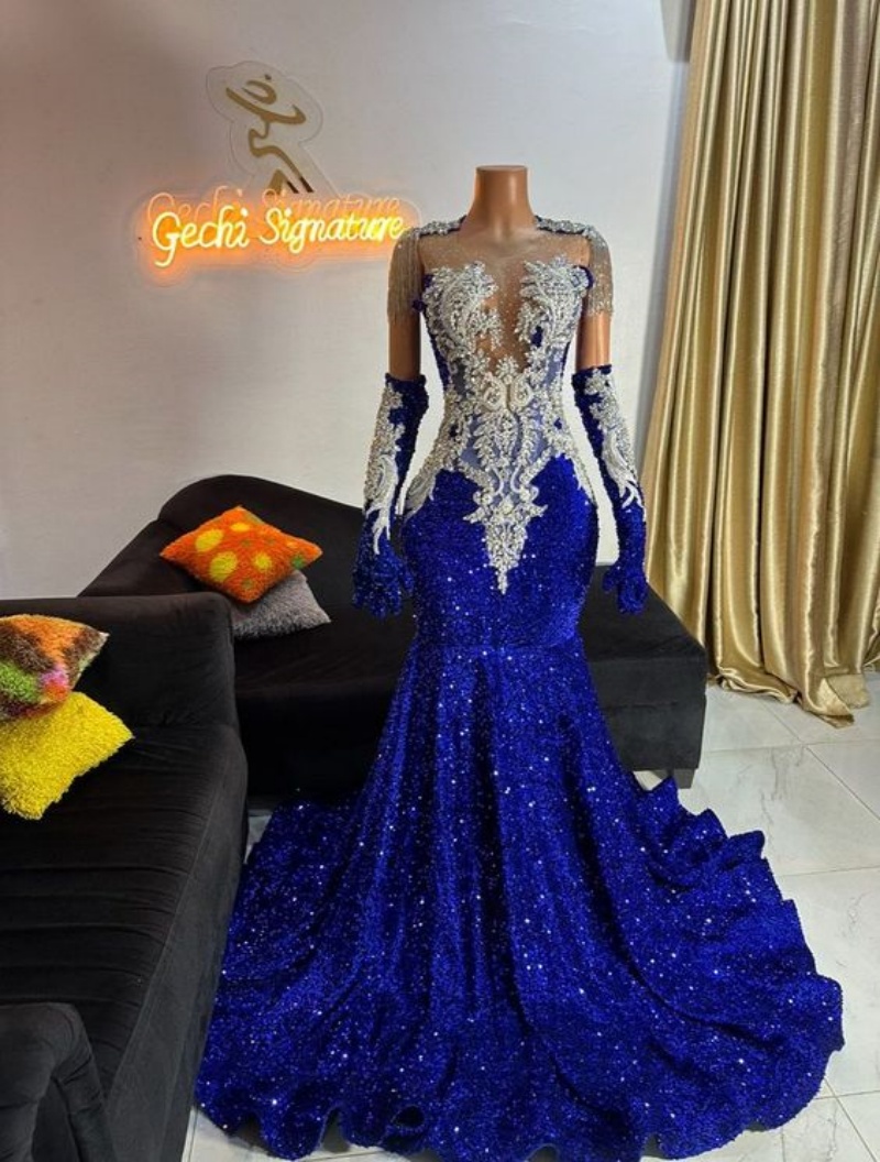 Sparky Sequin Royal Blue Prom Dresses Long For Women 2025 Beaded Pearls