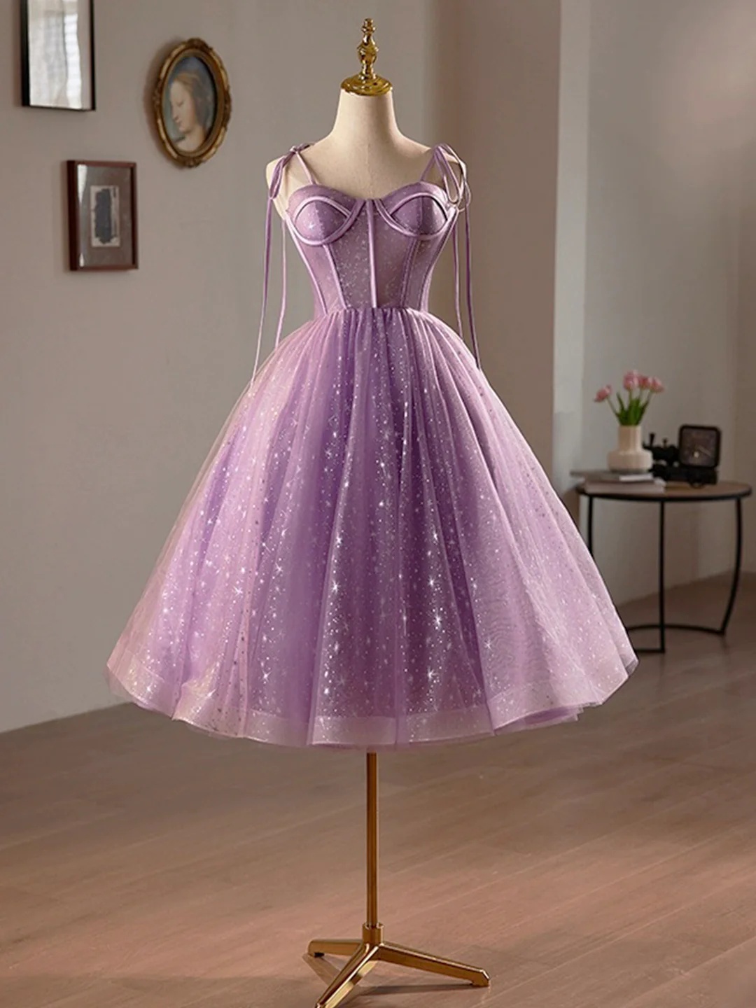 white christmas dresses Annabella Tulle Midi Dress - Lavender V-Neck main image 0