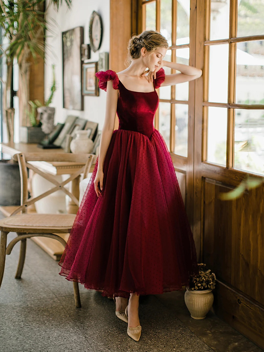 sachin and babi light blue dress Elegant A-line Crew Long Sleeves Short Dark Red Lace Prom Homecoming Dress main image 1