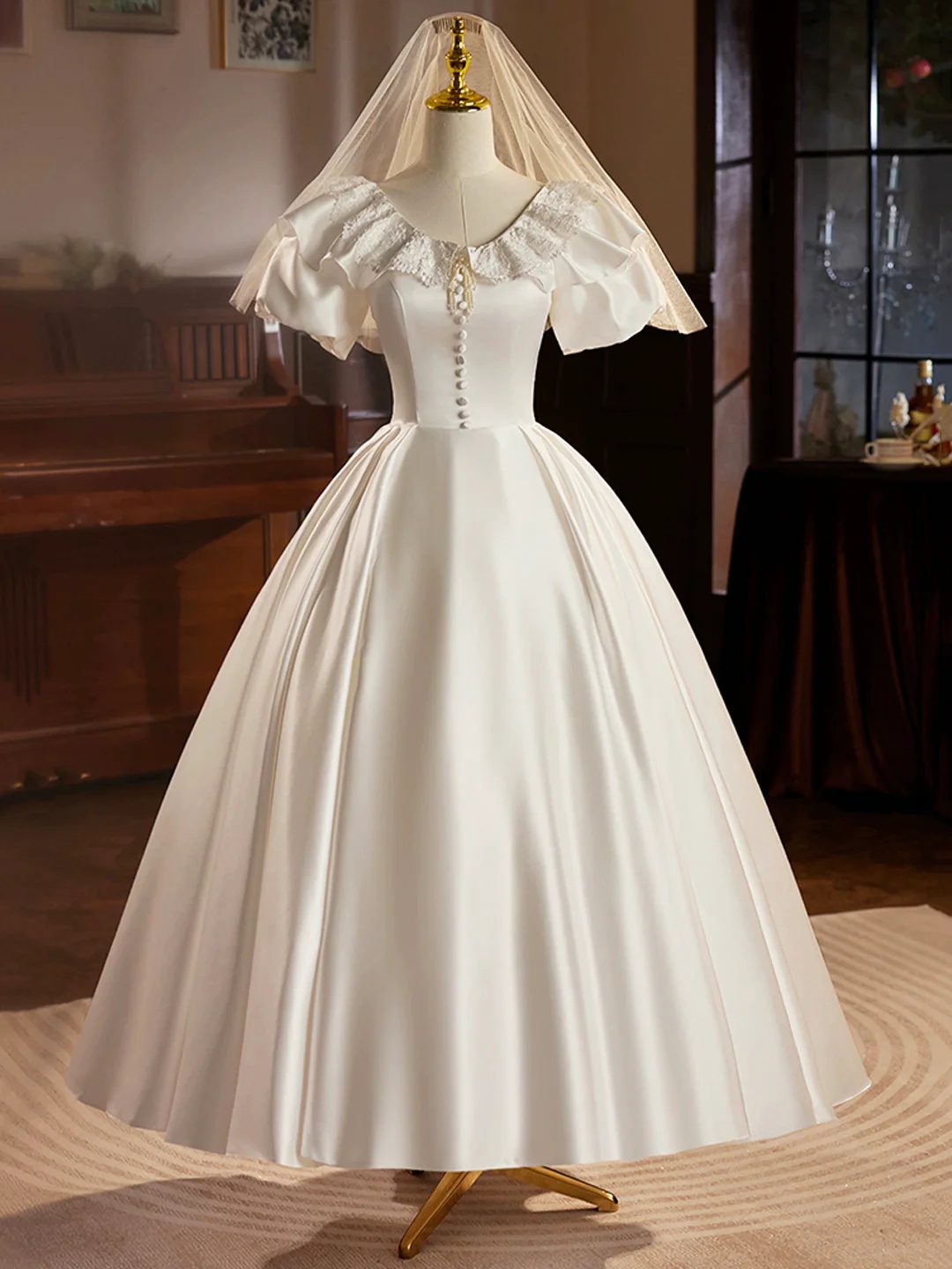 White Satin A Line Prom Dresses Ankle Length Scoop Neckline Button Short  Sleeve Ankle Length Formal on Luulla