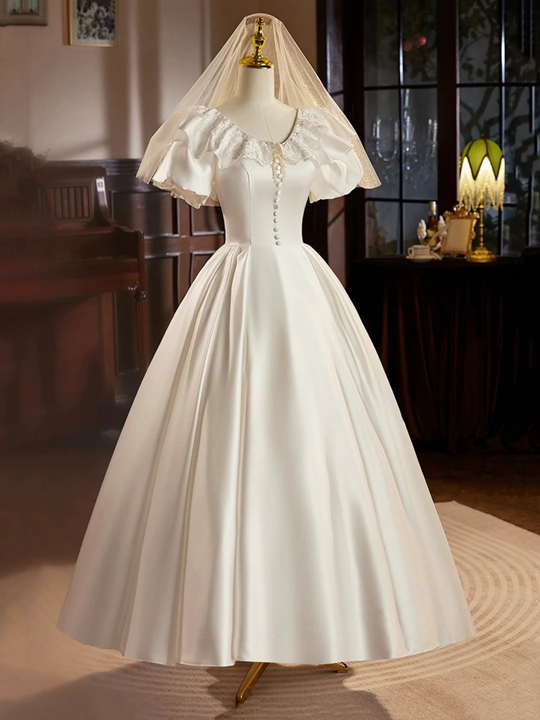 White Satin A Line Prom Dresses Ankle Length Scoop Neckline Button Short  Sleeve Ankle Length Formal on Luulla