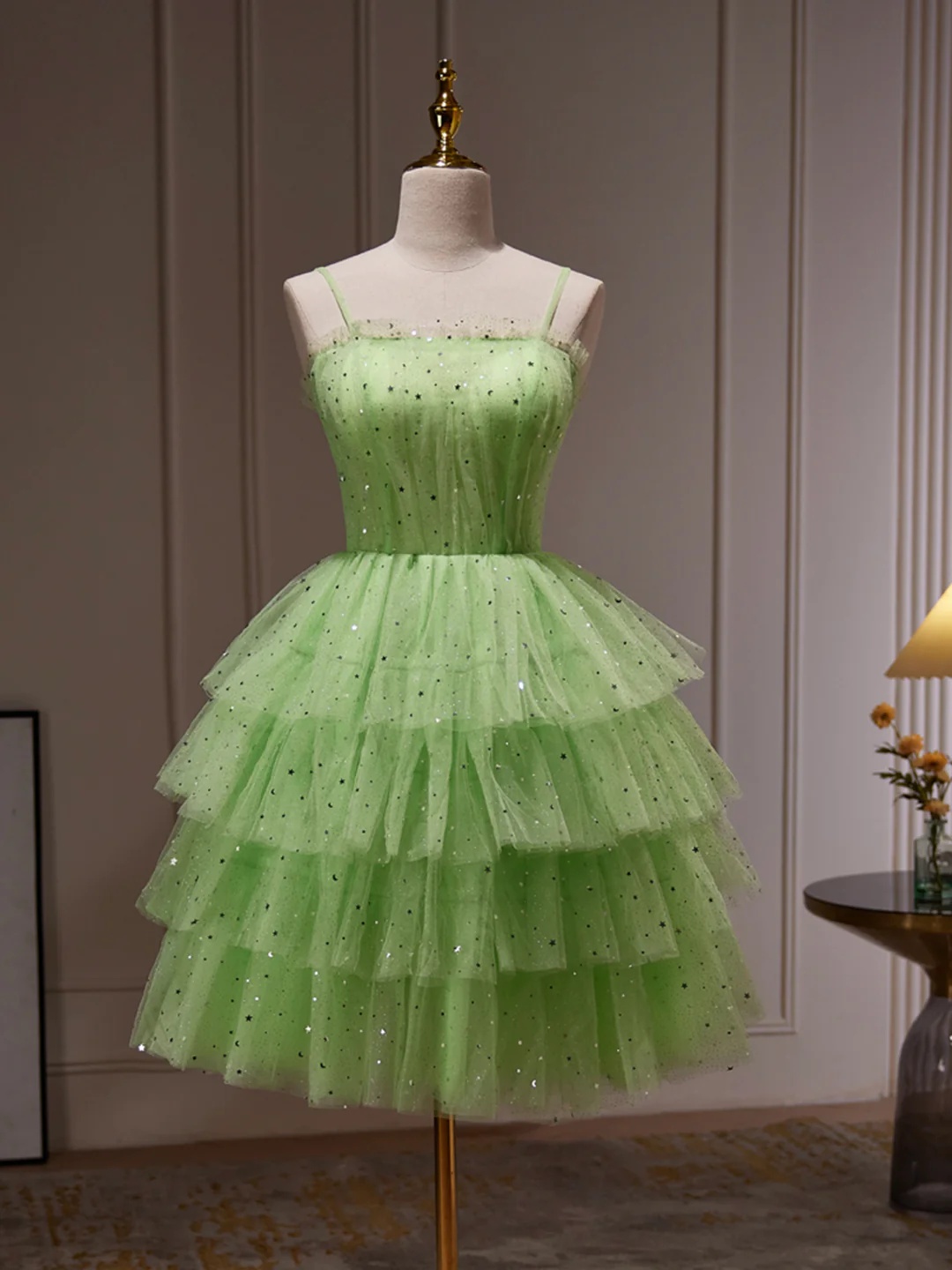 Green Tulle Sparkly Sequin Homecoming Dresses Short For Girls 2025 Spaghetti Straps Tiered Tulle Formal Eveing Gowns Glitter Mini Prom Dresses