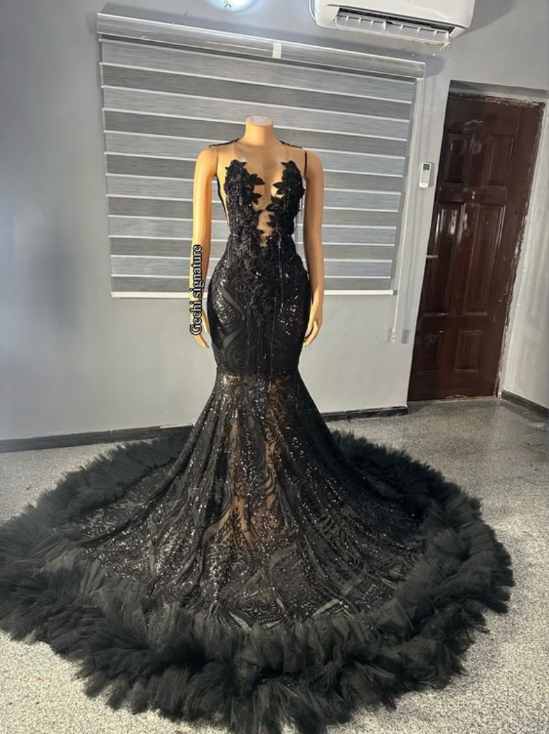 knee length dresses for ladies Light Blue 3D Floral Lace Tiered Trumpet Long Prom Dress – Modsele main image 0