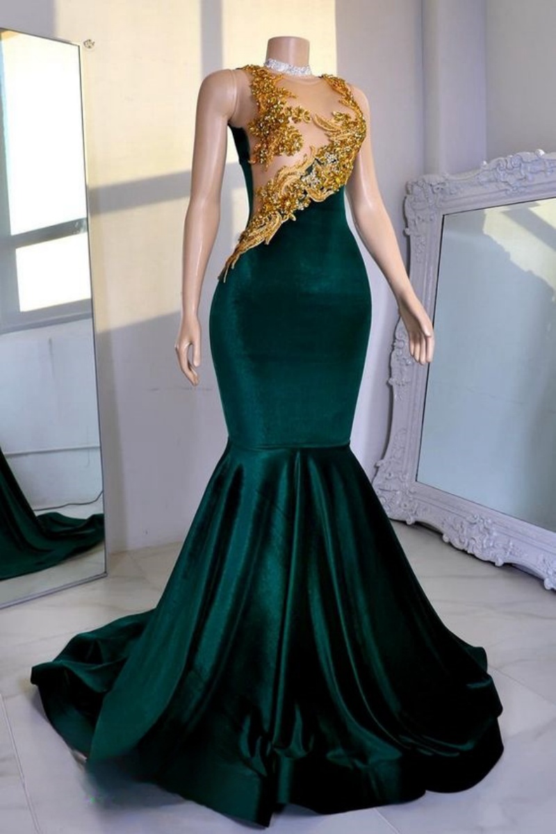 green gold dress illusion Sparkly Sequin Illusion Mermaid Prom Dress – Brydealo main image 0