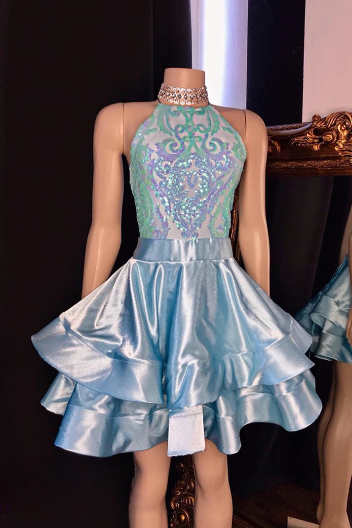 Light Blue Halter Neckline Sequin Homecoming Dresses Short For Girls 2025 Halter Neckline Sparkly Sequin Short Prom Dresses