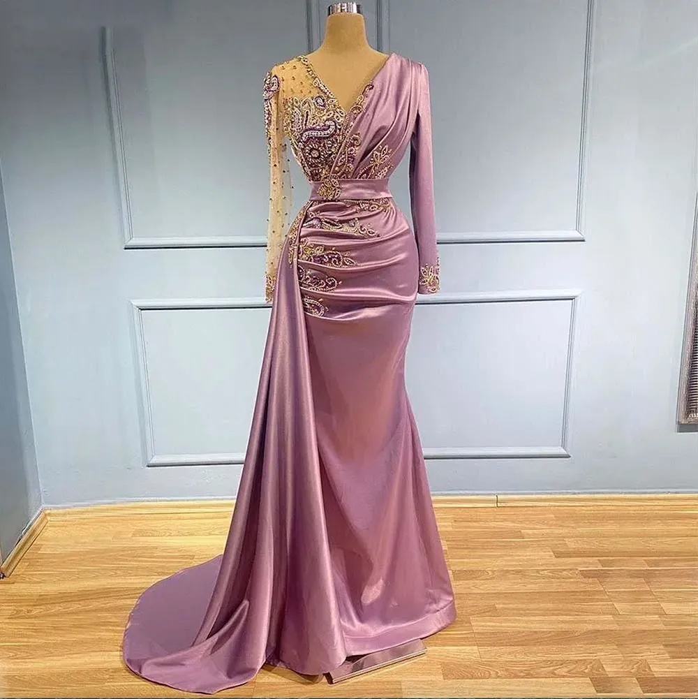 Mermaid Light Purple Evening Dresses Wear Sheer V Neck Crystal Beaded Long Sleeves Formal Prom Party Second Reception Special Ocn Gowns
