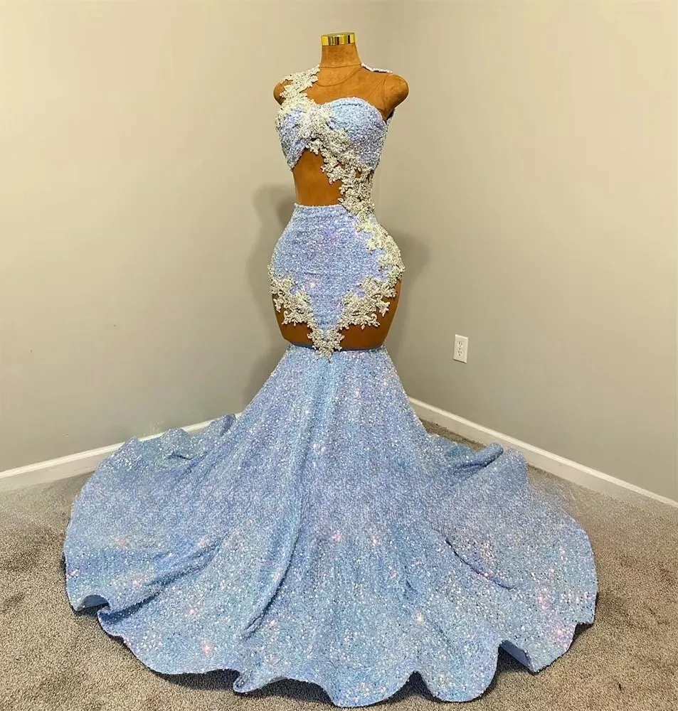 Sparkly Blue Sequin Prom Dresses For Black Girls 2025 Sexy Beaded Appliques  Mermaid Evening Dresses on Luulla
