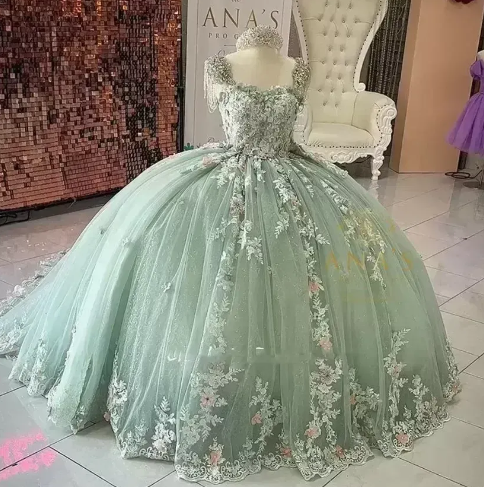 green mexican quinceanera dresses Halter Neck Open Back Mint Quinceanera Dresses Mexican Ball Gown Prom Dress main image 0