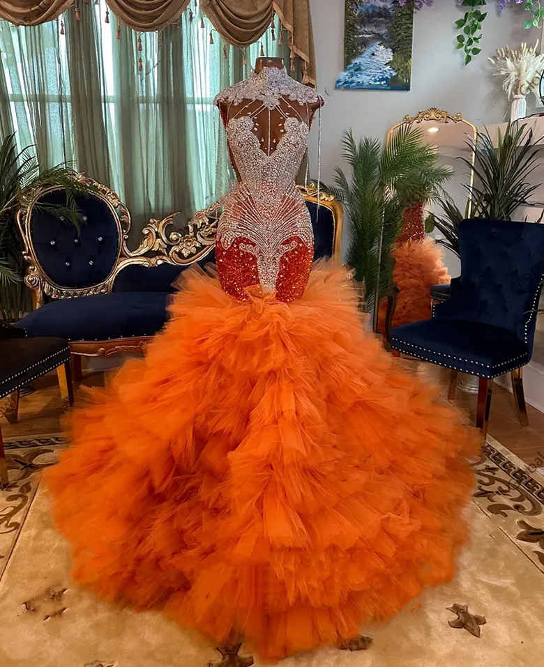 Orange High Neck Long Prom Dress For Black Girls 2025 Beaded Crystal  Birthday Party Dresses Sequin Tassel Ruffles Evening Gown