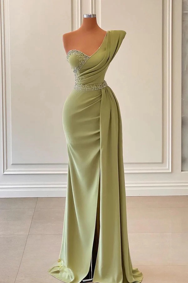 One Shoulder Beading Crystal Prom Dresses Long For Women 2025 Satin Overskirt Side Slit Pleated Formal Evening Gowns Sage Green Party Dresses