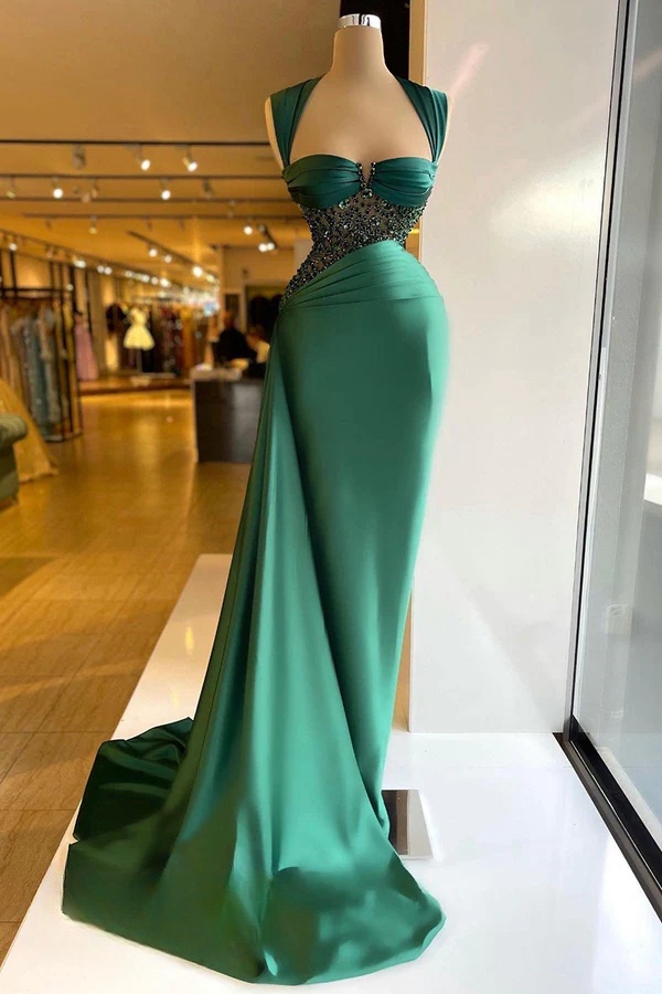 beaded emerald green dress Beaded Emerald Green Prom Dress with Sparkly Corset and Tiered A-Line Slit main image 0