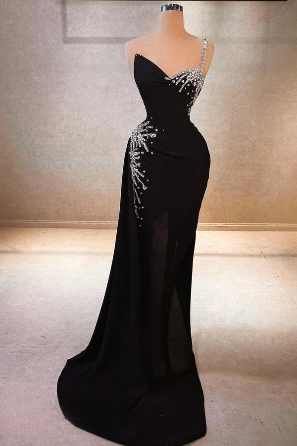 One Shoulder Black Prom Dresses Long for Women 2025 Beading Crystal Pleated Formal Evening Gowns Ruched Party Dresses