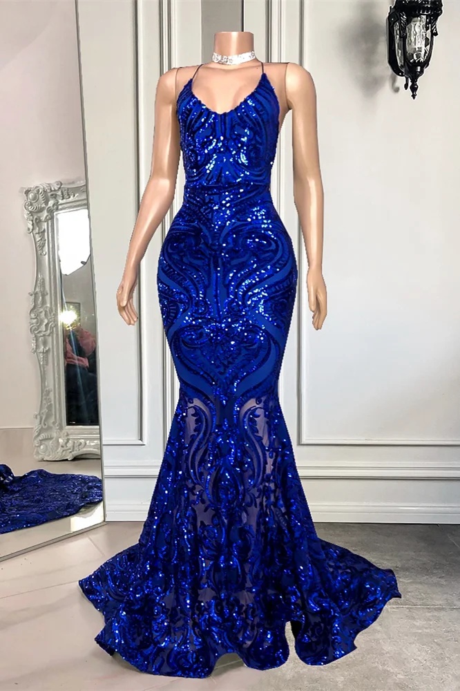 Royal Blue Mermaid Prom Dresses Long For Women 2025 Halter Neckline  Glittler Sequin Tight Formal Eve on Luulla