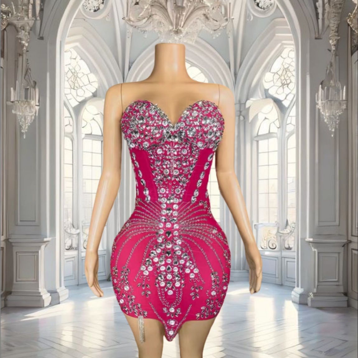 Sparkly Crystal Pink Short Prom Dress 2025 For Black Girls Luxury Rhinestones Sheer Scoop Neck Women Birthday Formal Dresses