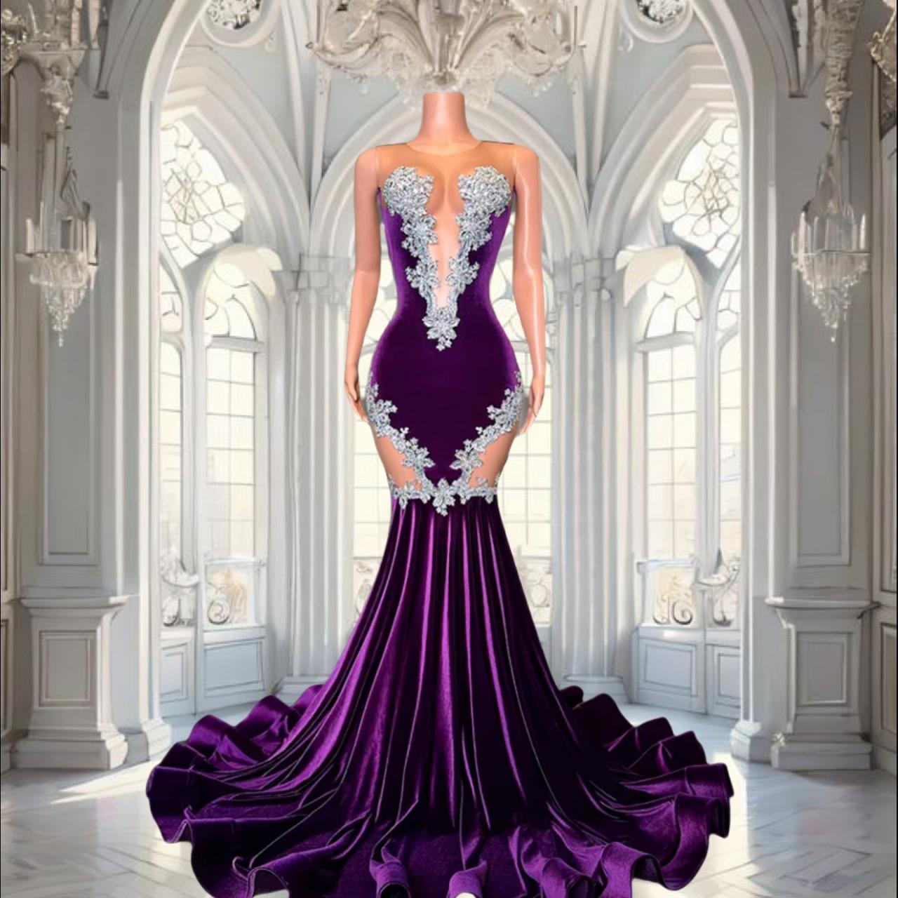 Elegant Purple Lace Mermaid Prom Dress for Black Girl Sheer O Neck Velvet Graduation Party Long Prom Gowns 2025