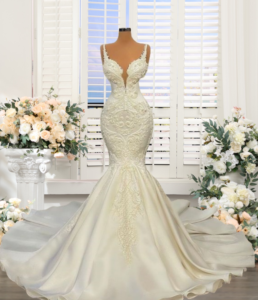 Ivory Classic Pleated V-cut Neck Satin Mermaid Bridal Gown with Overskirt main image 0