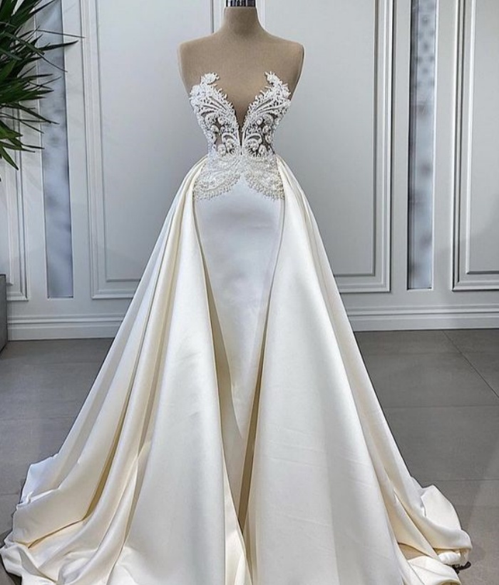 Overskirt Satin Lace Appliques Wedding Dresses For Bride 2025 Pearls ...