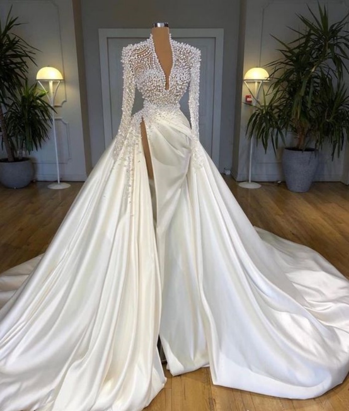 Overskirt Satin Pearls Wedding Dresses Long For Bride 2025 Beading Deep ...