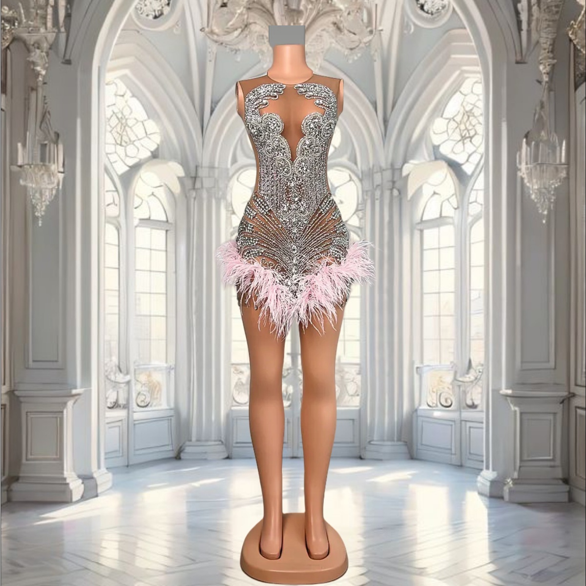 Luxury Rhinestone Birthday Homecoming Dress Black Girls Cocktail Sheer Silver Diamond Pink Feather Women Short Prom Dresses