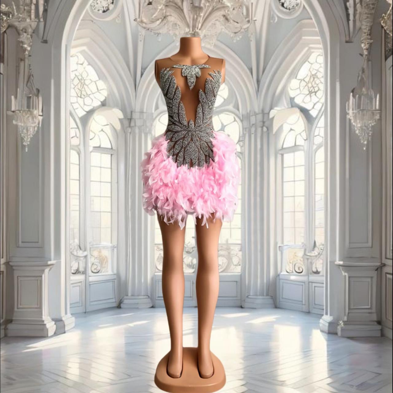 Luxury Sexy Sheer Silver Rhinestone Homecoming Cocktail Dress Pink Feather Black Girls Short Prom Women Birthday Party Gowns