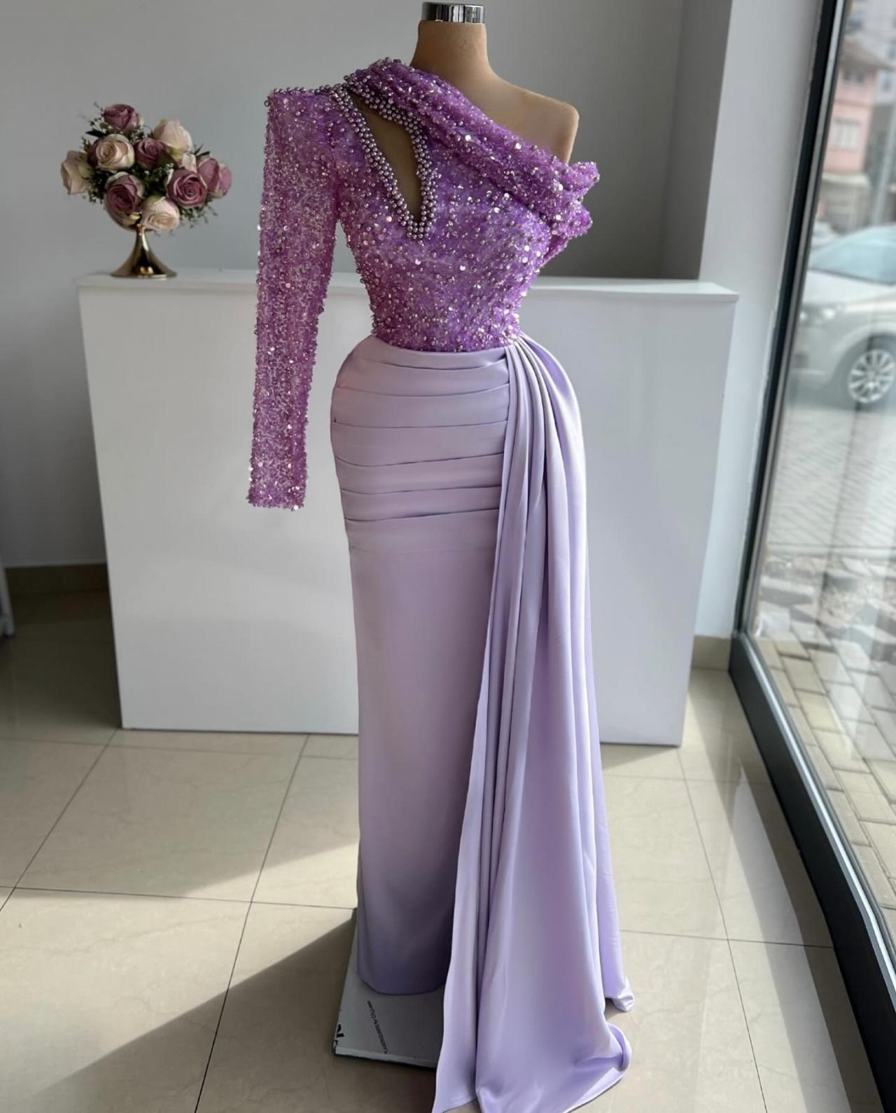 open lace back dress One Shoulder Long Sleeve Prom Dress
