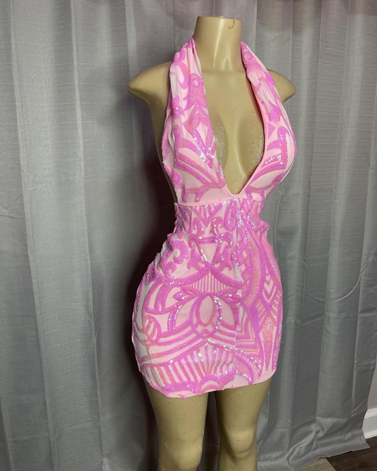 Halter Pink Prom Dresses Short For Girls 2025 V Neck Sparkly Sequin  Homecoming Dresses Short Par on Luulla