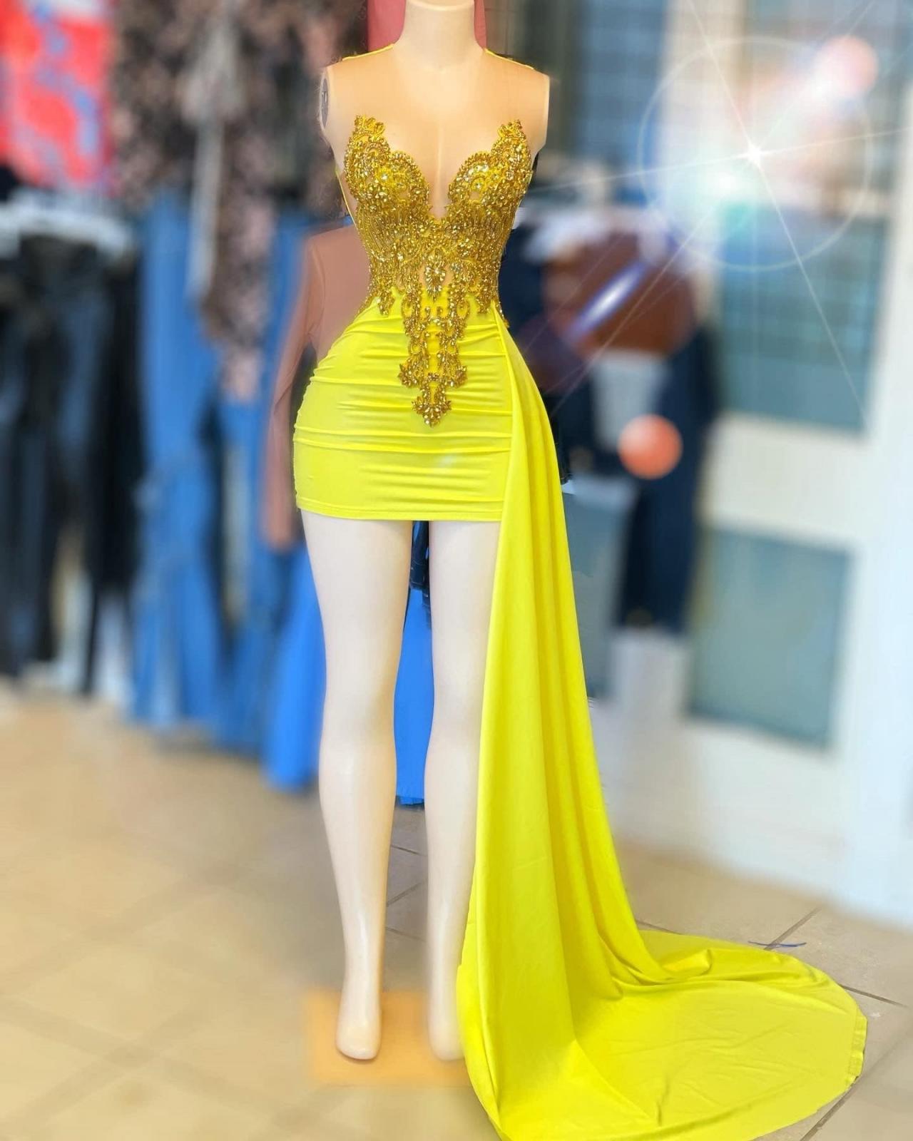 yellow homecoming dresses 2025 Sheath Prom Short For Women With Overksirt Pleated Lace Appliques Dre on Luulla Cute homecoming dress features spaghetti strap Yellow Homecoming Dresses: Find Your