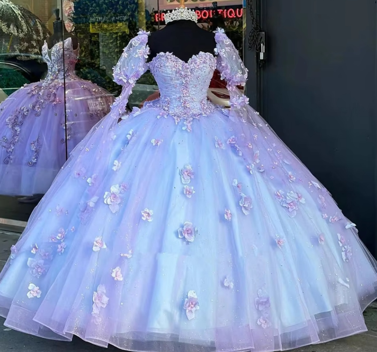 Glittering Lilac Quinceanera Dresses Floral Appliques With Bow Vestidos De  15 Anos Long Puffy Sleeve on Luulla