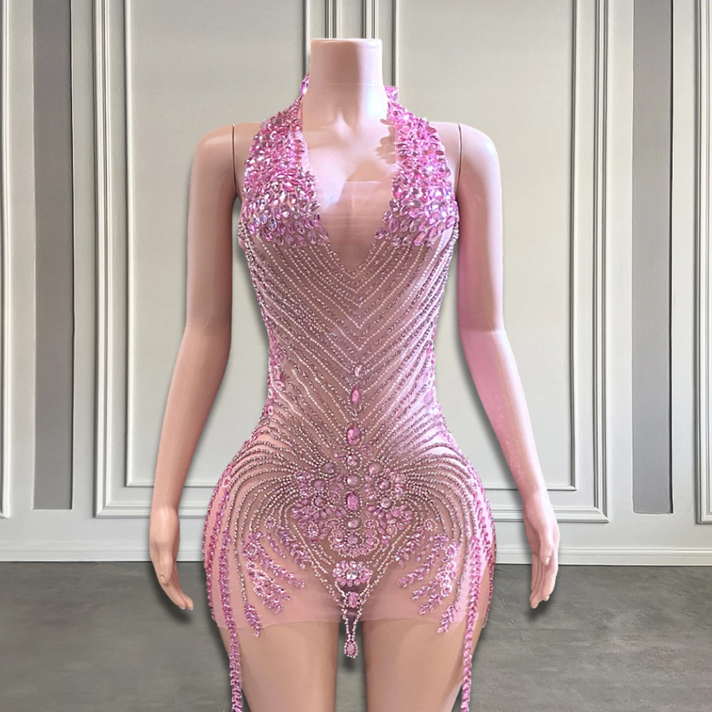 pink rhinestone dress The Girl They LOVE TO HATE Custom Rhinestone Dress with Feathers – Shay  Simone main image 1