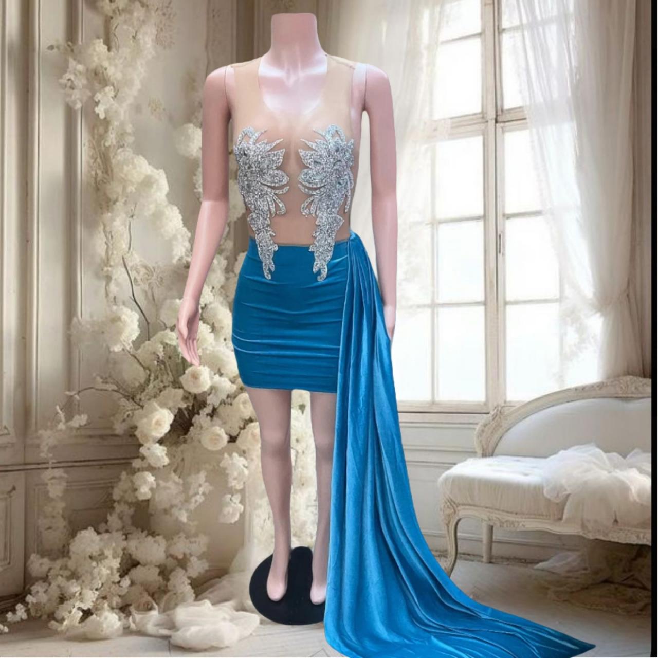 blue velvet homecoming dress Sparkly Royal Blue Velvet Sequin Mermaid Prom Dress