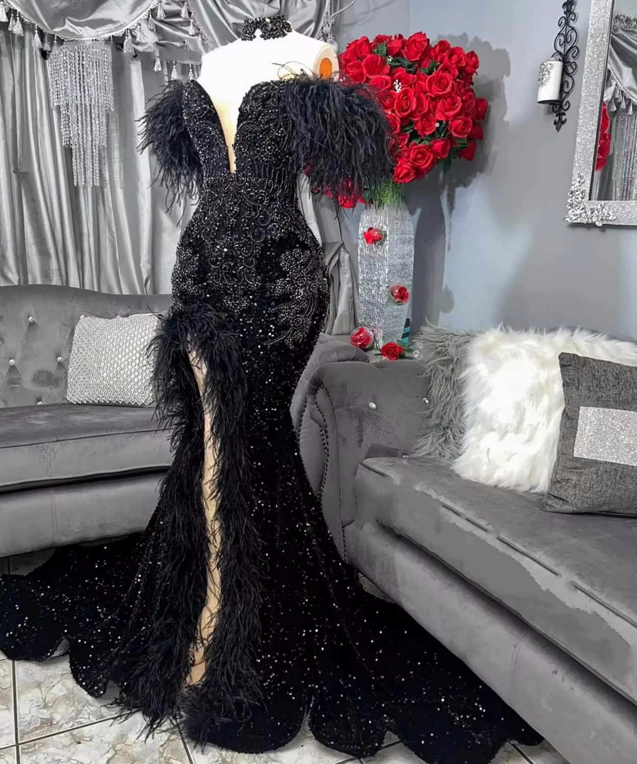 Black Feathers Rhinestones Prom Dresses Black Girls Off The