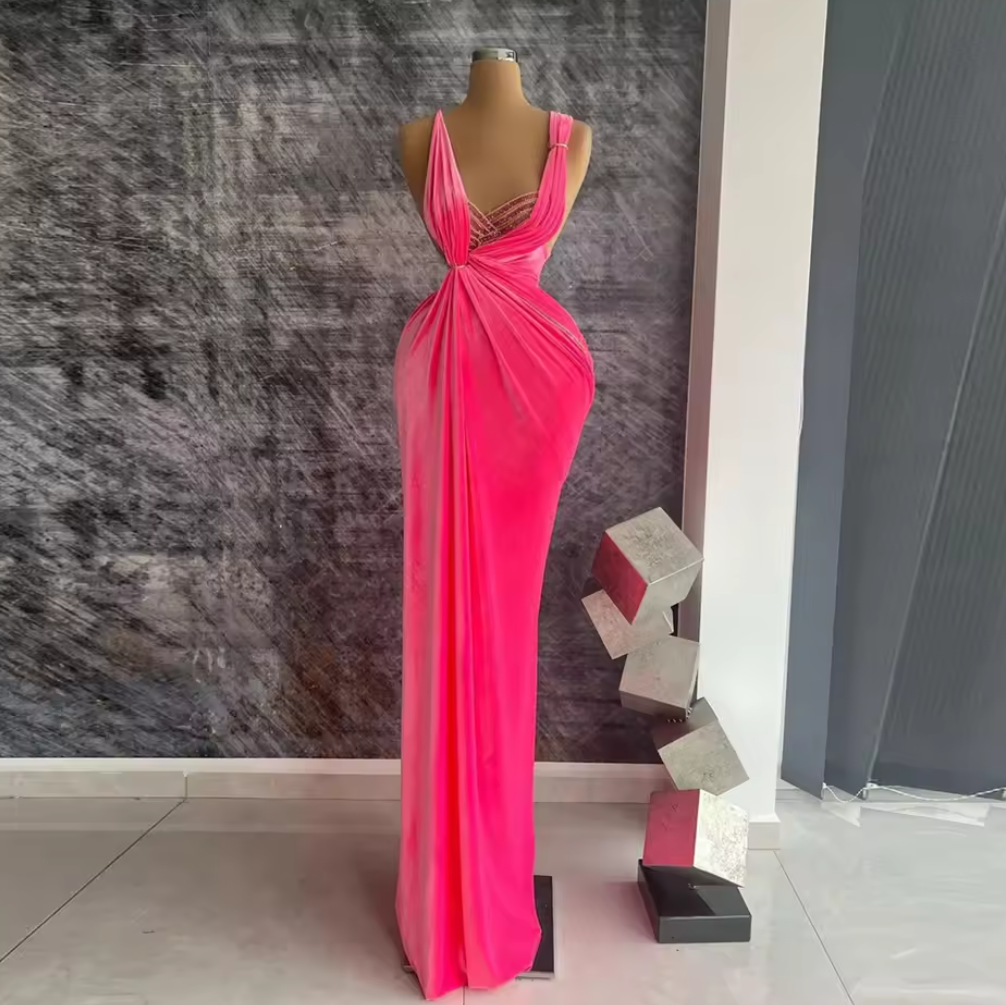 Pink Velour Mermaid Evening Dresses Real Image V Neck Pleated Formal Celebrity Gowns Floor Length Velvet Pageant Prom Dress Customized