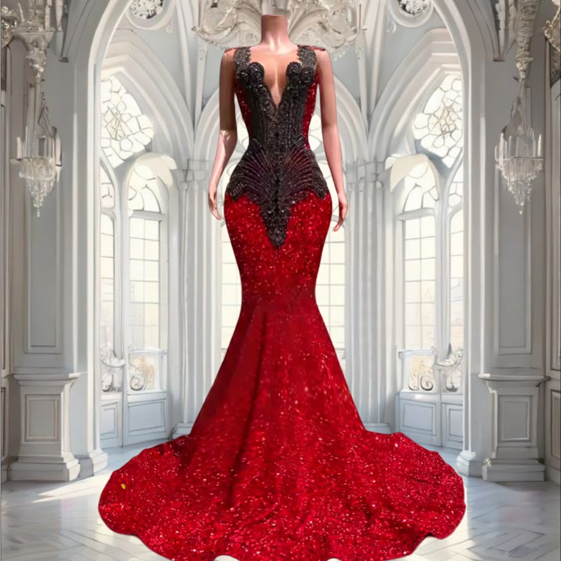 Pretty Mermaid Halter Red Sequin Long Prom Dresses Black Girl Graduation Dress Evening Gowns D2557