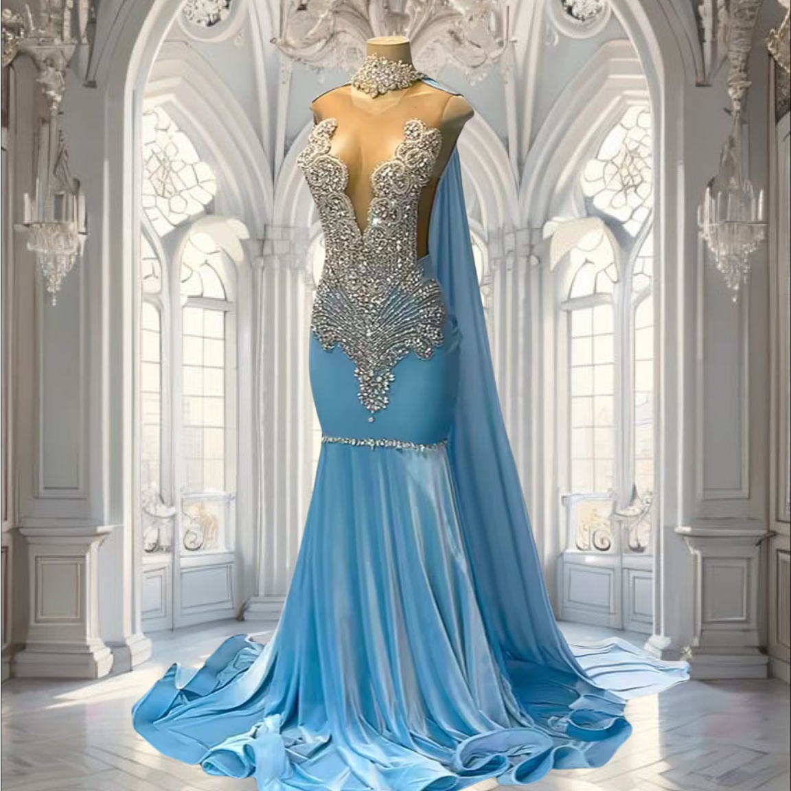 Luxury Sparkly Rhinestones Blue Mermaid Prom Dresses With Cape Black ...