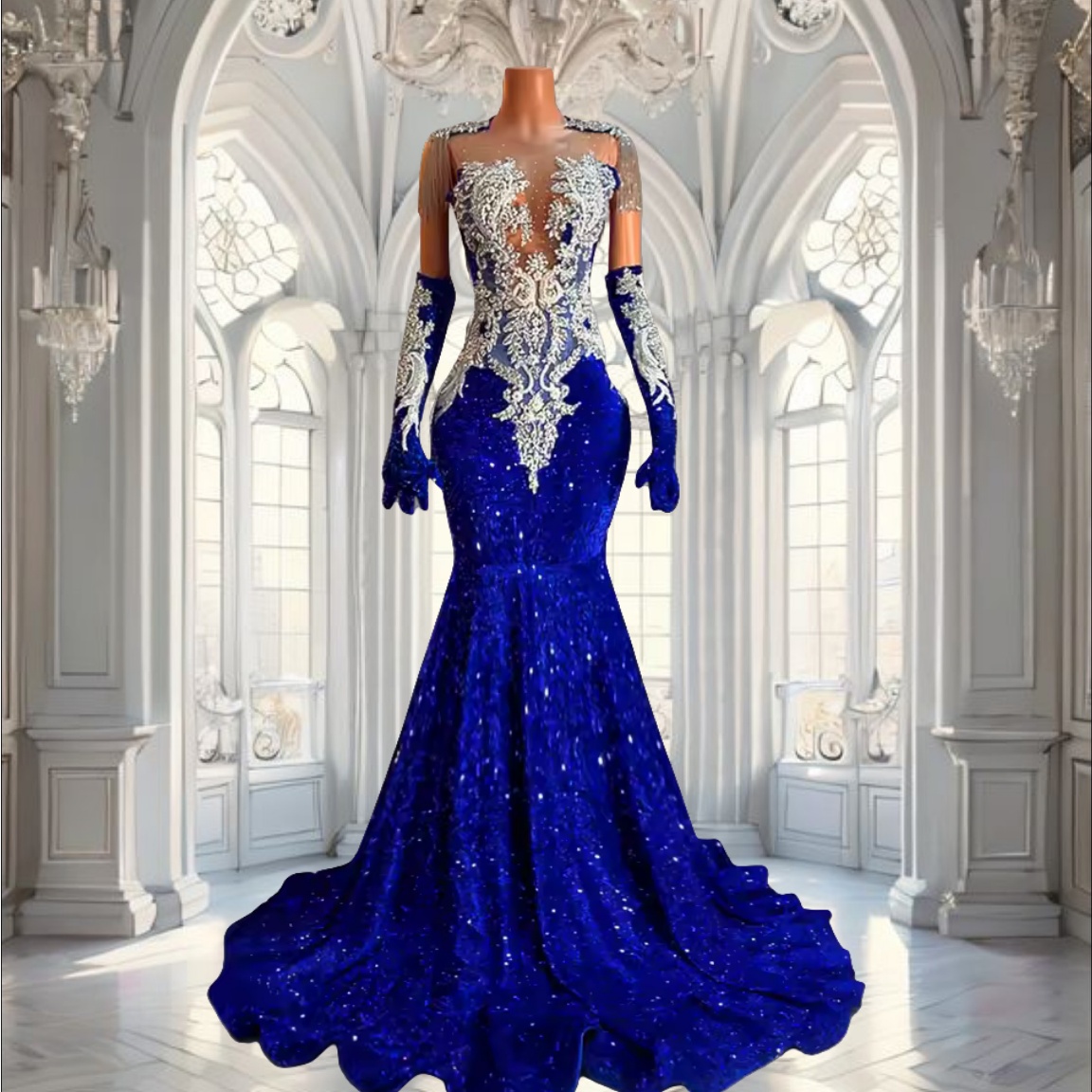 Luxurious Crystals Royal Blue Sequined Mermaid Gown Prom 2025 Embroidered Silver Beads Long Black Girls Prom Dressses Customized