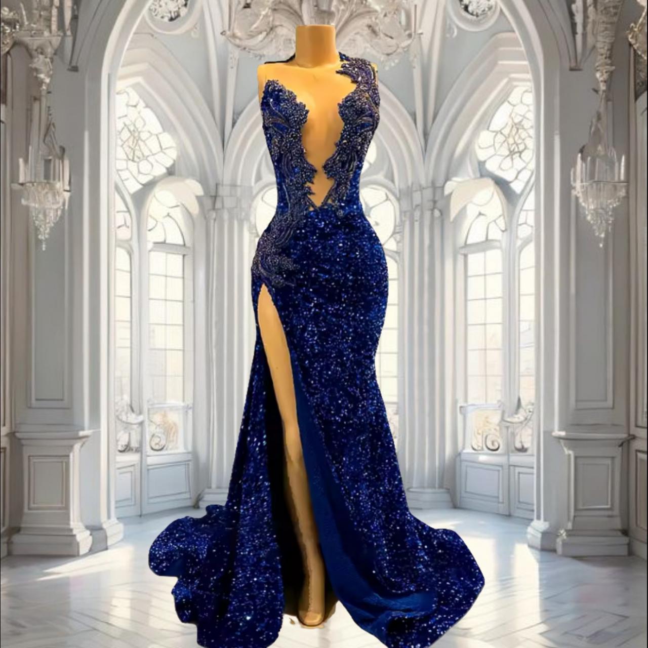 Royal Blue Sequins Sparkly Long Prom Dresses Black Girls Luxury Crystal Beads Mermaid Birthday Party Gowns With Slit Customied