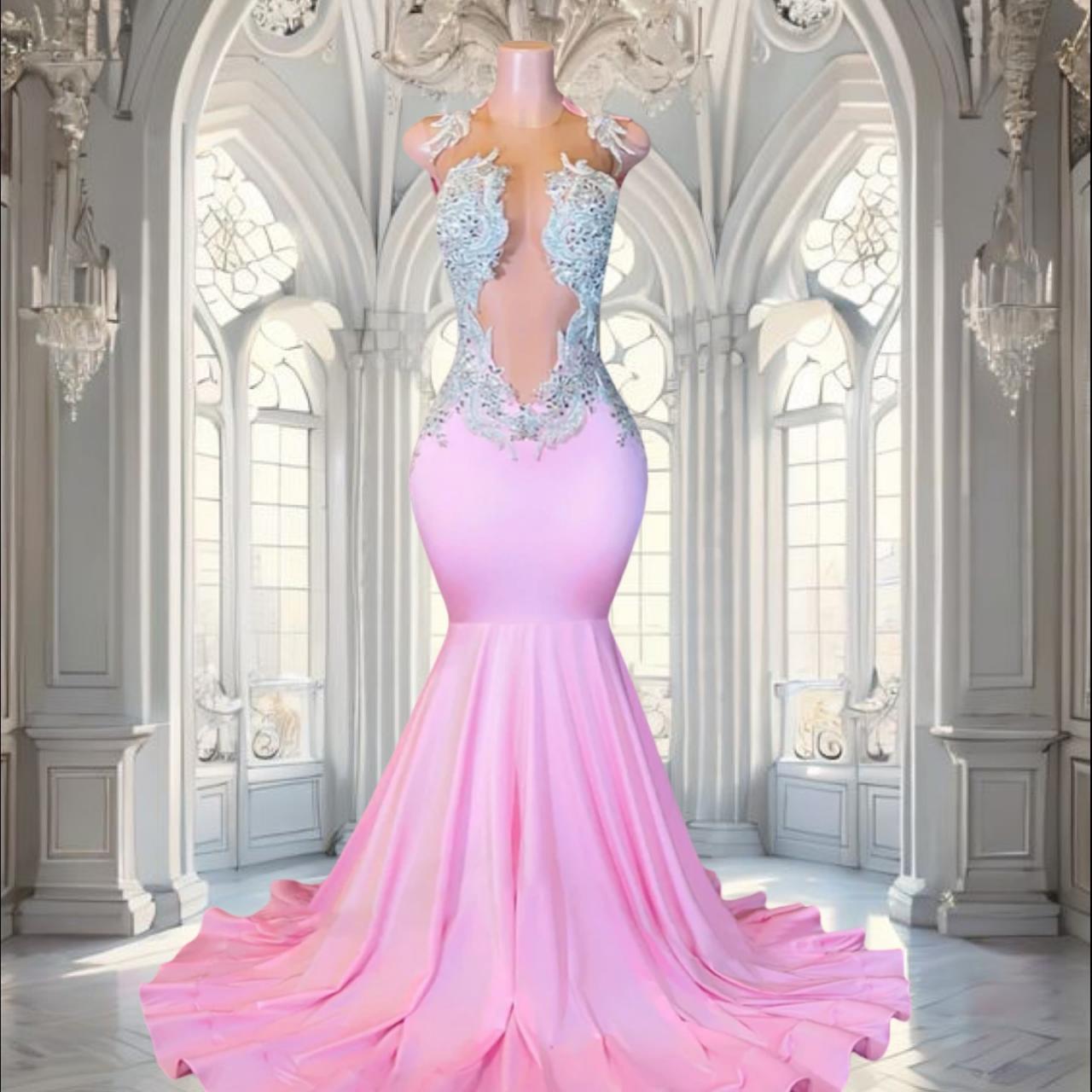 Sweet Pink Long Prom Dress For Black Girls Luxury Silver Crystal Appliques  See Through Mermaid Birth on Luulla