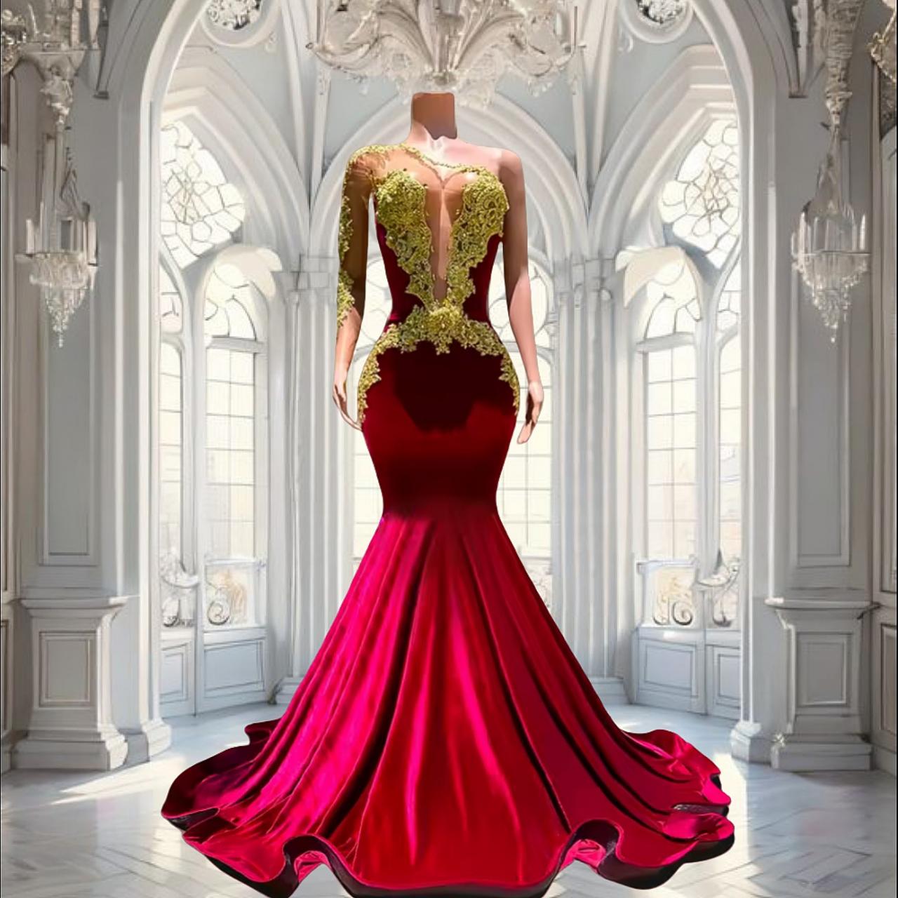 Elegant Red One Sleeve Mermaid Prom Dresses Luxury Sparkly Gold Diamond  Crystal Velvet Long Black Girl Prom Gown Customized