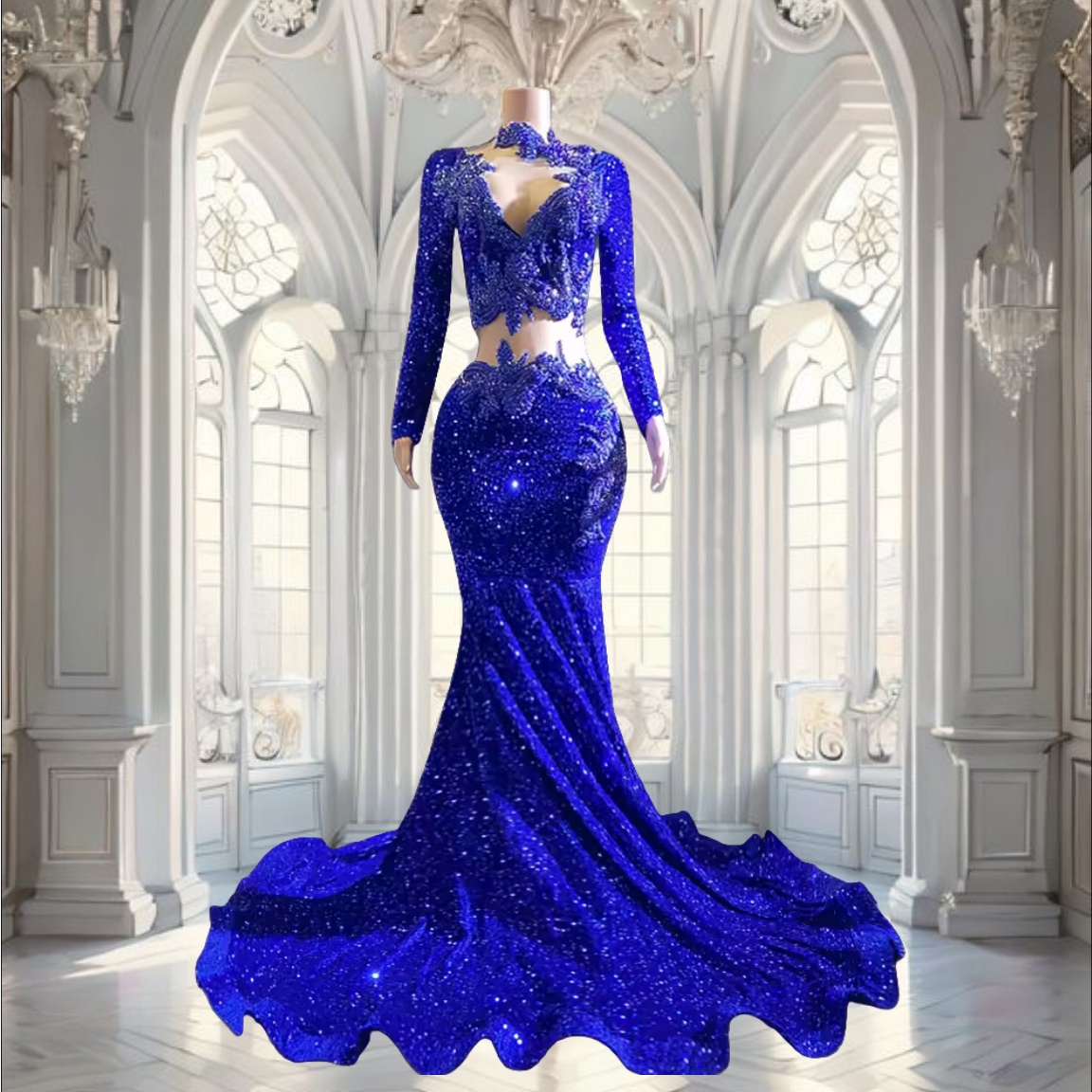 Long Sleeve Blue Sequin Prom Dresses For Black Girls Luxurious Royal-blue Sparkle Crystals Mermaid Gala Formal Gowns Customized