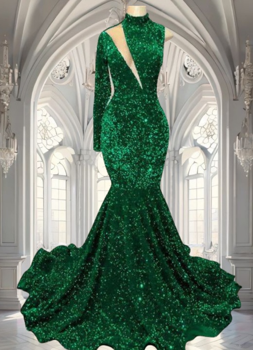 emerald green slip dress long Shining Sequined Emerald Green Mermaid Cap sleeve Long Prom Party Gown –  Ballbella main image 0