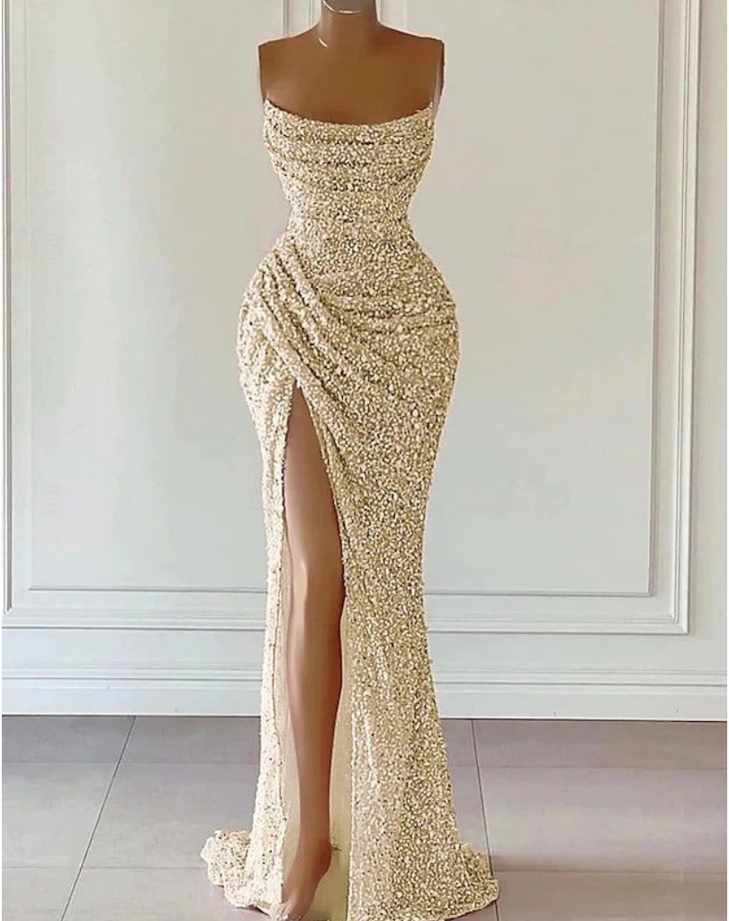 Sparkly Sequin Champagne Beaded Prom Dresses Long For Women 2025 ...