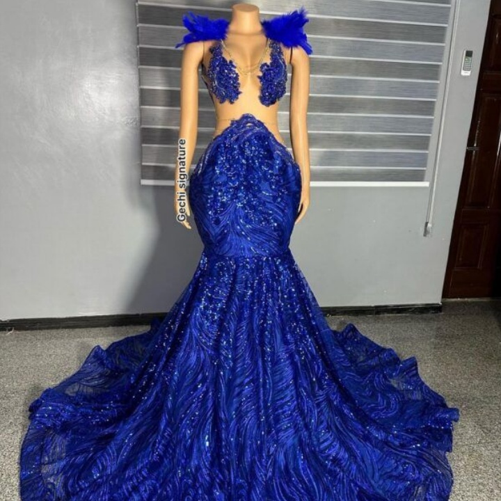 Royal Blue Sparkly Lace Sequin Mermaid Prom Dresses Long For Women 2025  Court Train Feather Formal E on Luulla